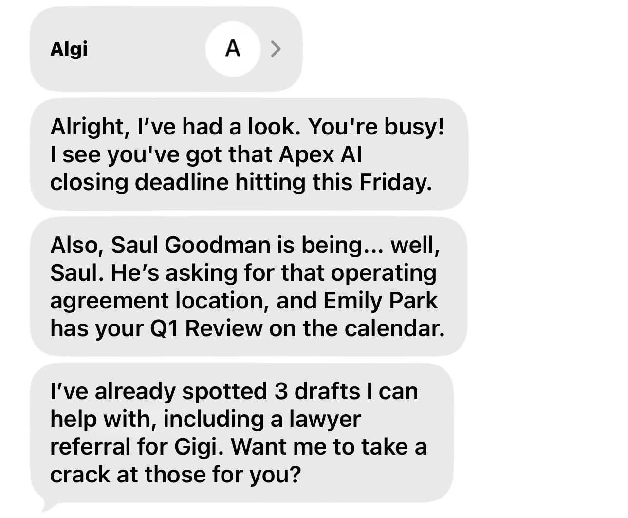 Algi introductory message thread and setup context